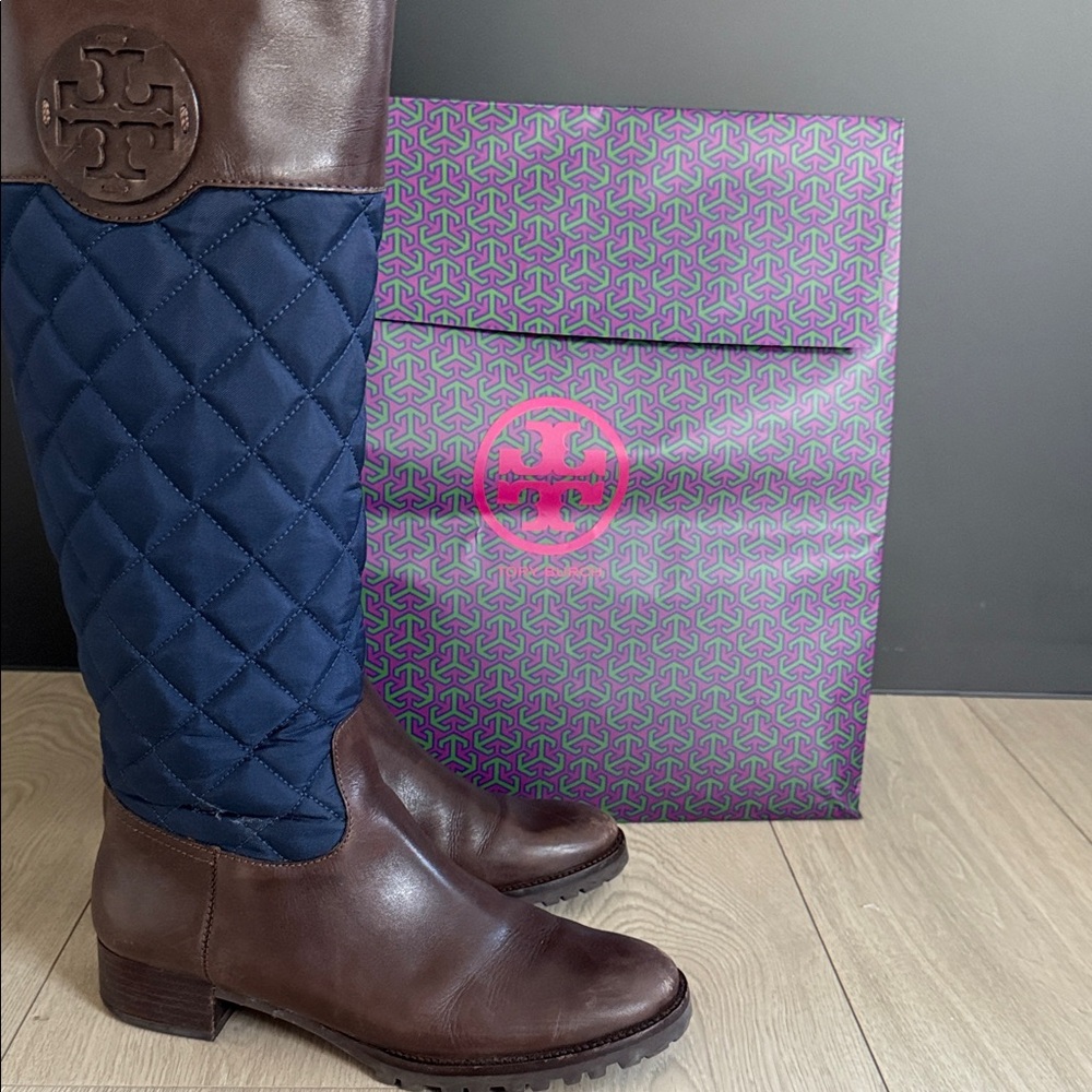 Tory Burch Brown and Navy Quilted Riding Boots